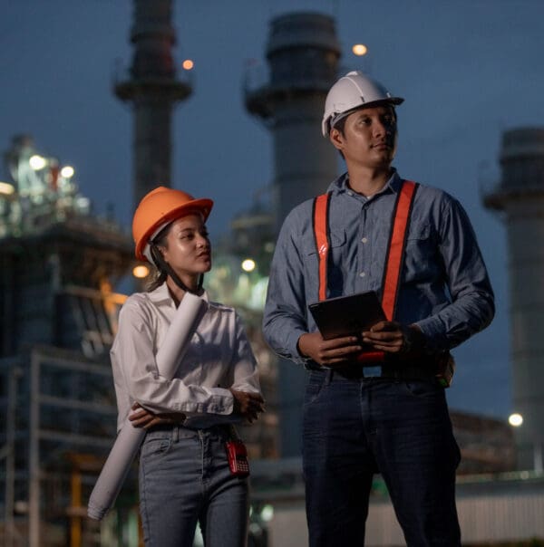 Asian team man and women engineer working at nighttime with blueprint standing at front of Oil-fired power plant. Worker wear uniform helmet working tower power plant construction.